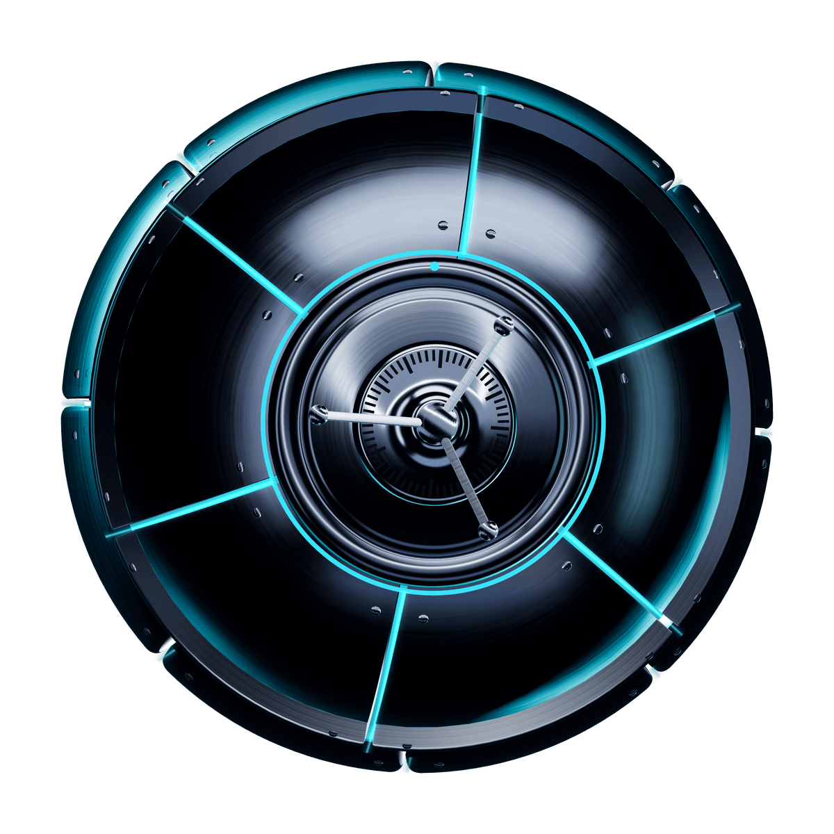 The Cipher Sphere: an armored metal sphere with glowing cyan seams and a vault-door dial at its center